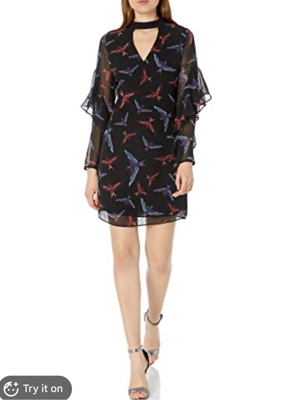 Sam Edelman Black Ruffle Bird Print Choker Chiffon Shift Dress Size 10 Boho